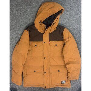 Levi's Puffer Jacket Parka Men's Small Tan Brown Color Block Hooded Winter Coat